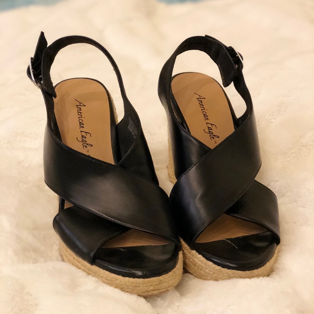 American Eagle Black faux leather wedges
